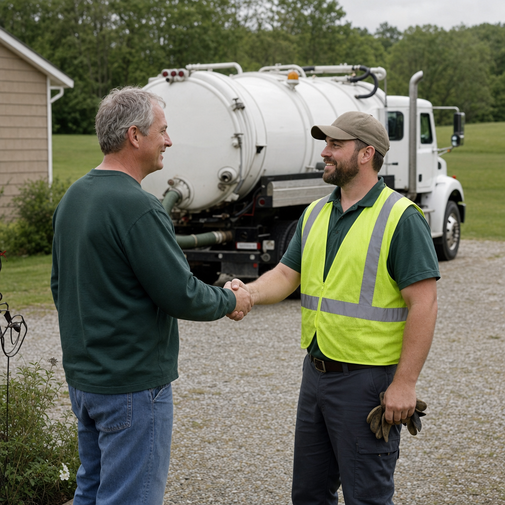 A septic technician shaking a Waterford homeowner's hand beside the service truck after a completed pump-out