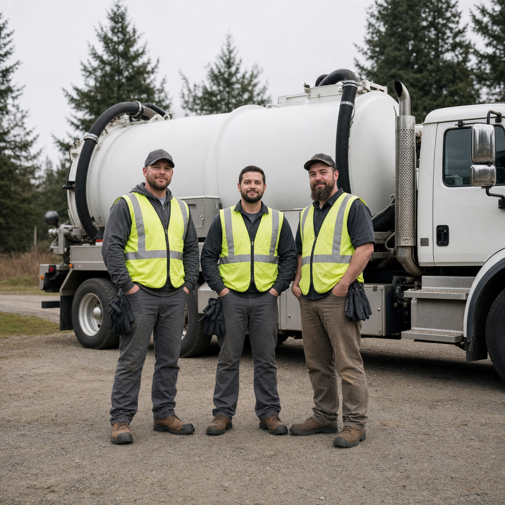 The Waterford septic pumping crew standing together beside their clean white vacuum truck on a residential street