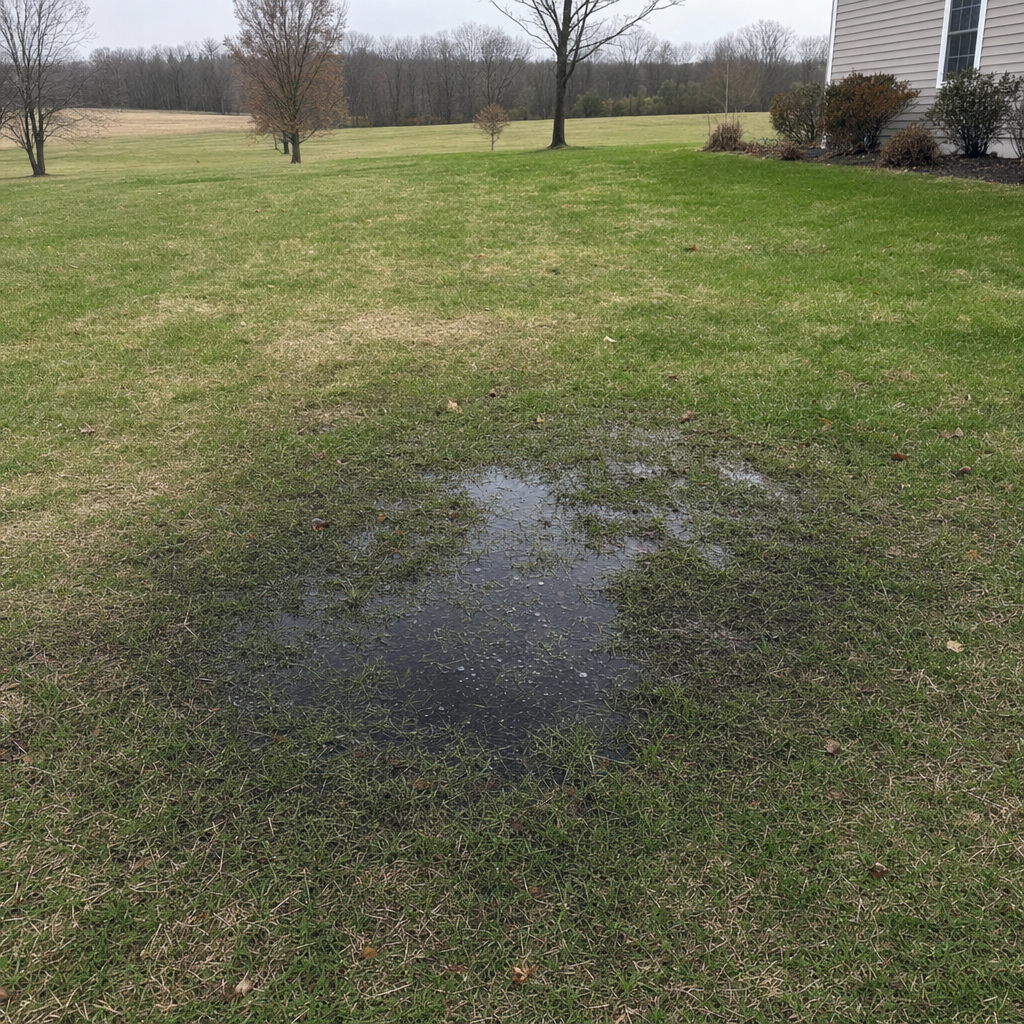 A dark, saturated wet spot in a Waterford backyard lawn marking a failing cesspool at capacity