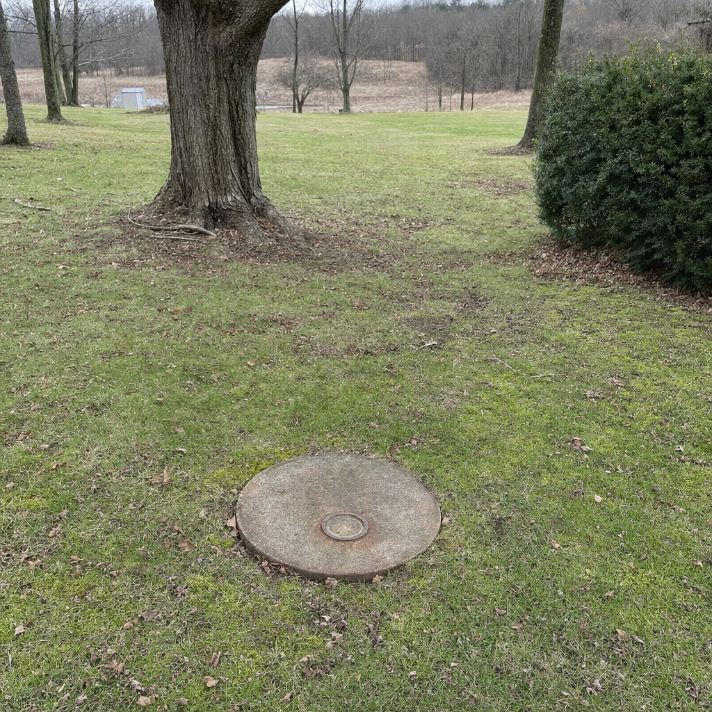 An older round cesspool access lid set flush in an established, mature Waterford backyard lawn