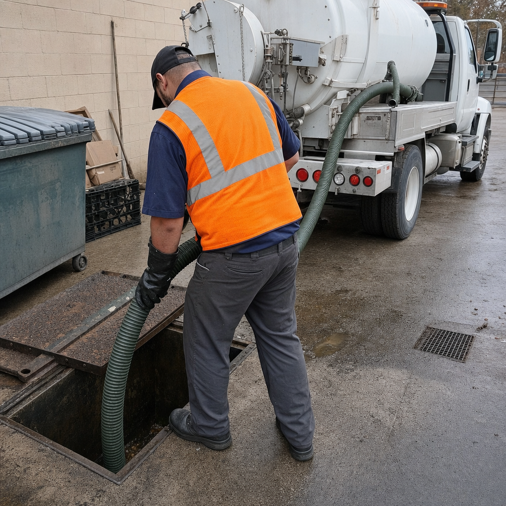 Technician pumping a grease trap behind a Waterford restaurant