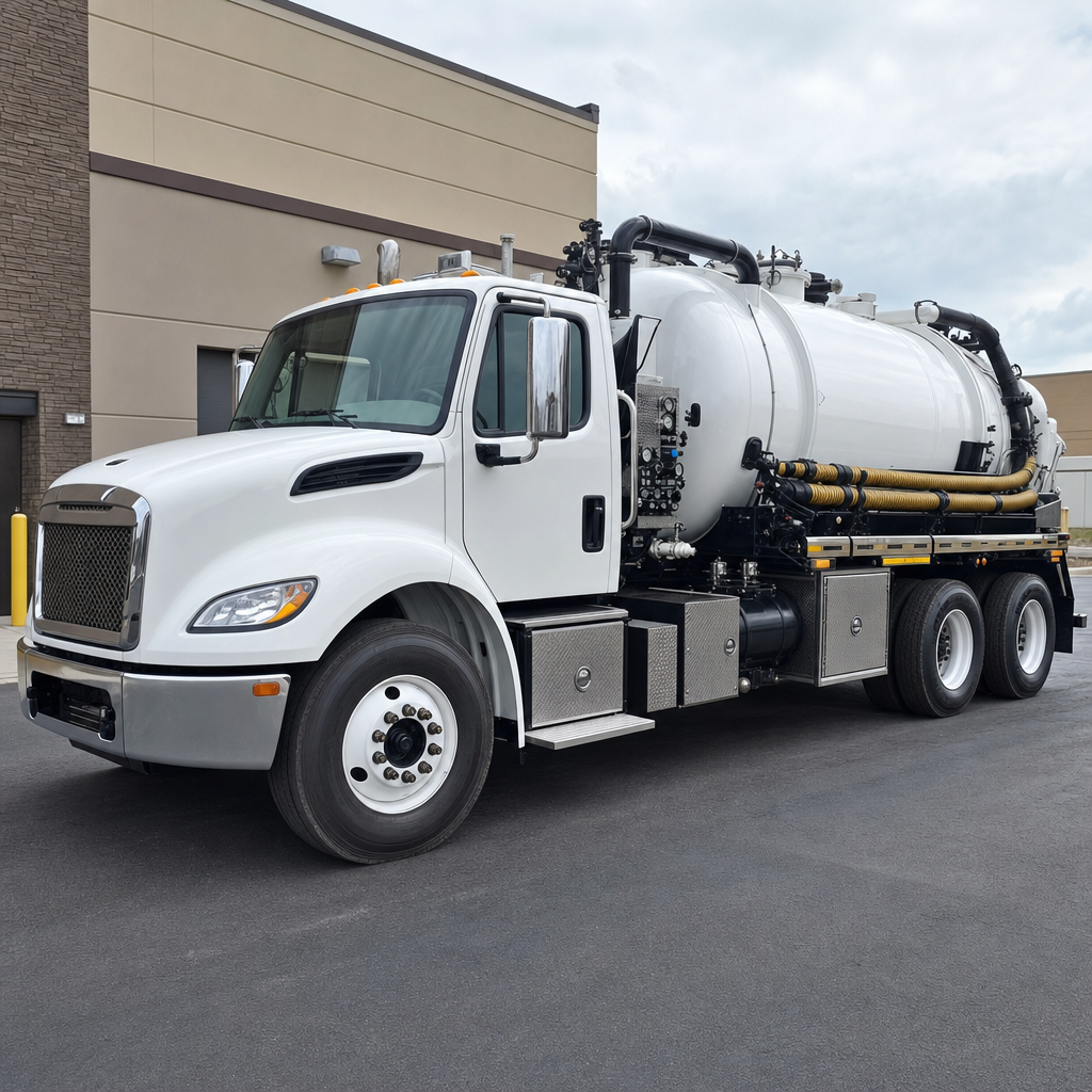 Commercial septic vacuum truck parked in a Waterford business parking lot