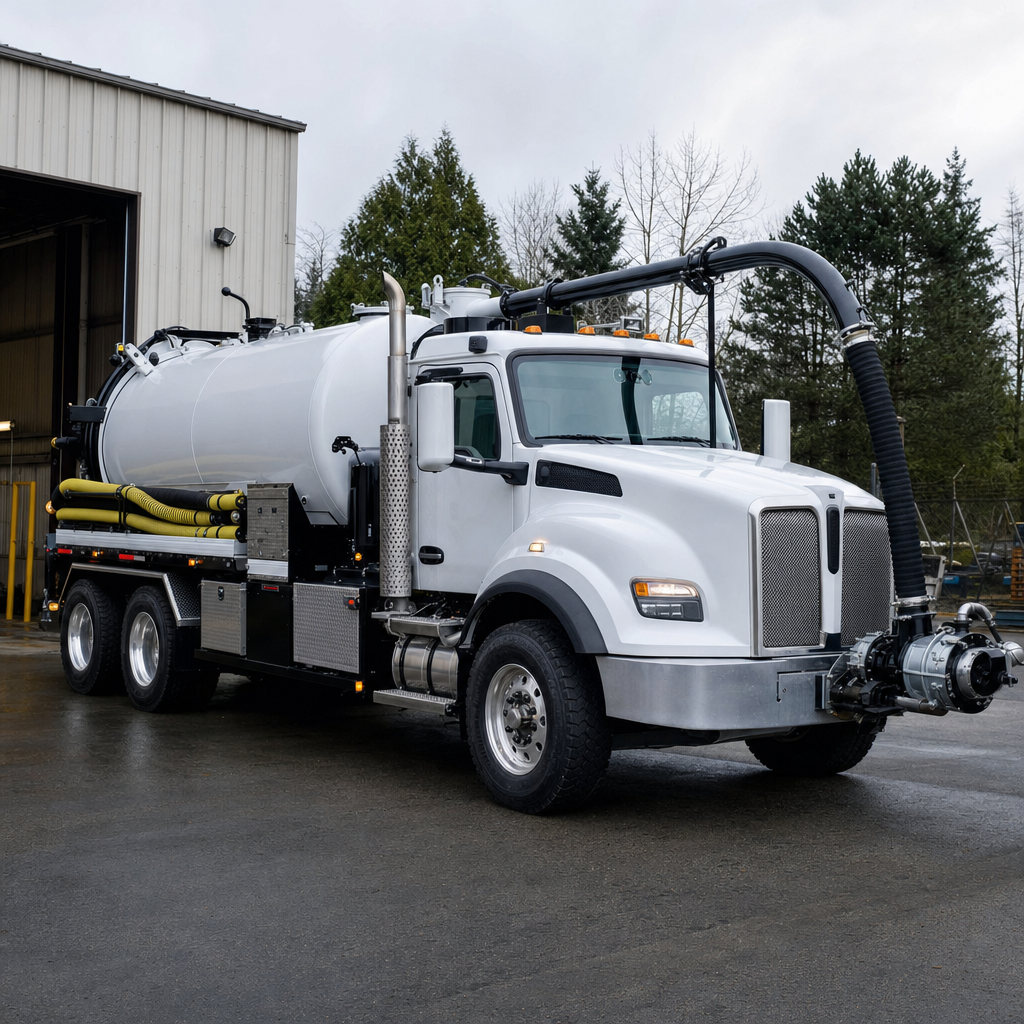 A clean white septic vacuum truck rolling out of a tidy Waterford service depot at the start of the day
