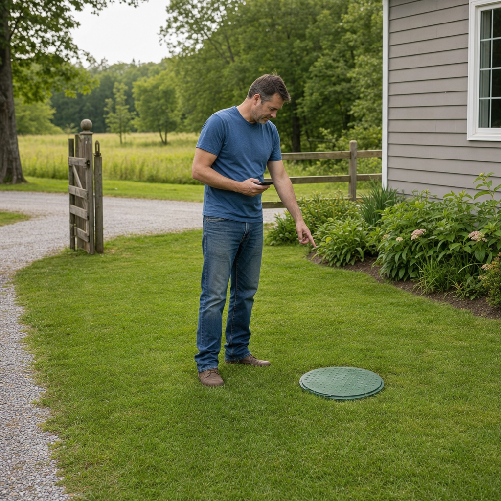 A Waterford-area homeowner standing in the backyard noting where the septic tank lid and access route are located