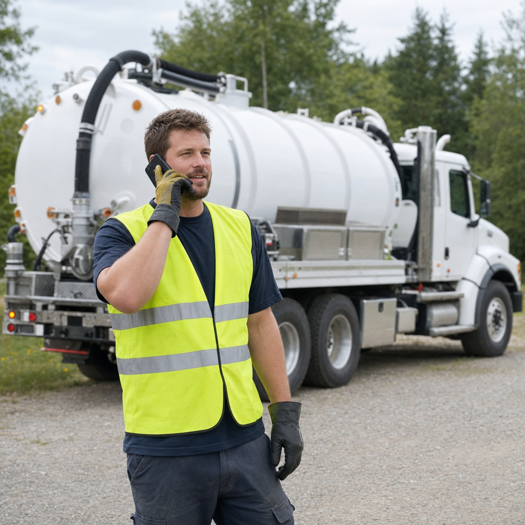 A friendly septic dispatcher holding a phone, ready to answer a Waterford homeowner's call about a pump-out