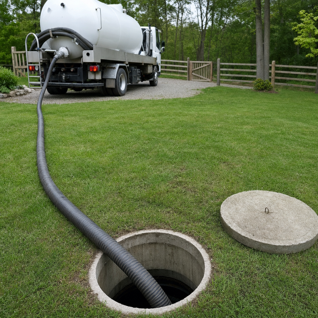 Suction hose connected to an open septic tank, drawing it down in a tidy Waterford yard