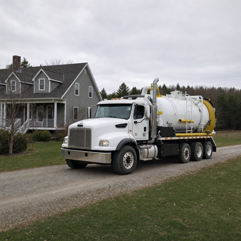 Septic vacuum truck arriving at a Waterford home for same-day emergency service