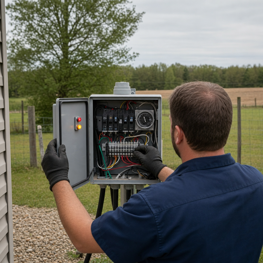 Technician checking an aerobic septic control box with a lit red high-water alarm during a same-day Waterford visit