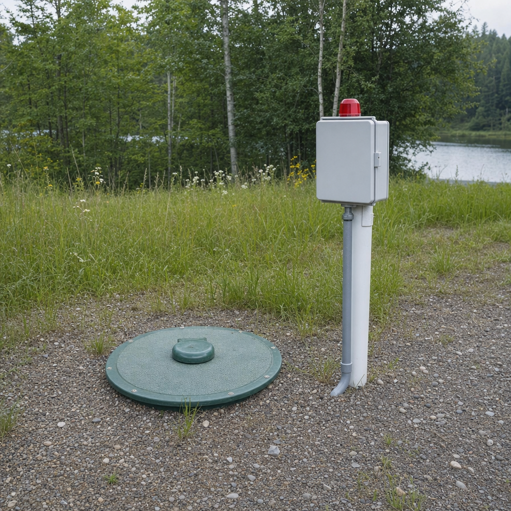 A wastewater holding tank access lid set in the ground at a rural Waterford-area cabin, with a mounted high-level float alarm panel nearby
