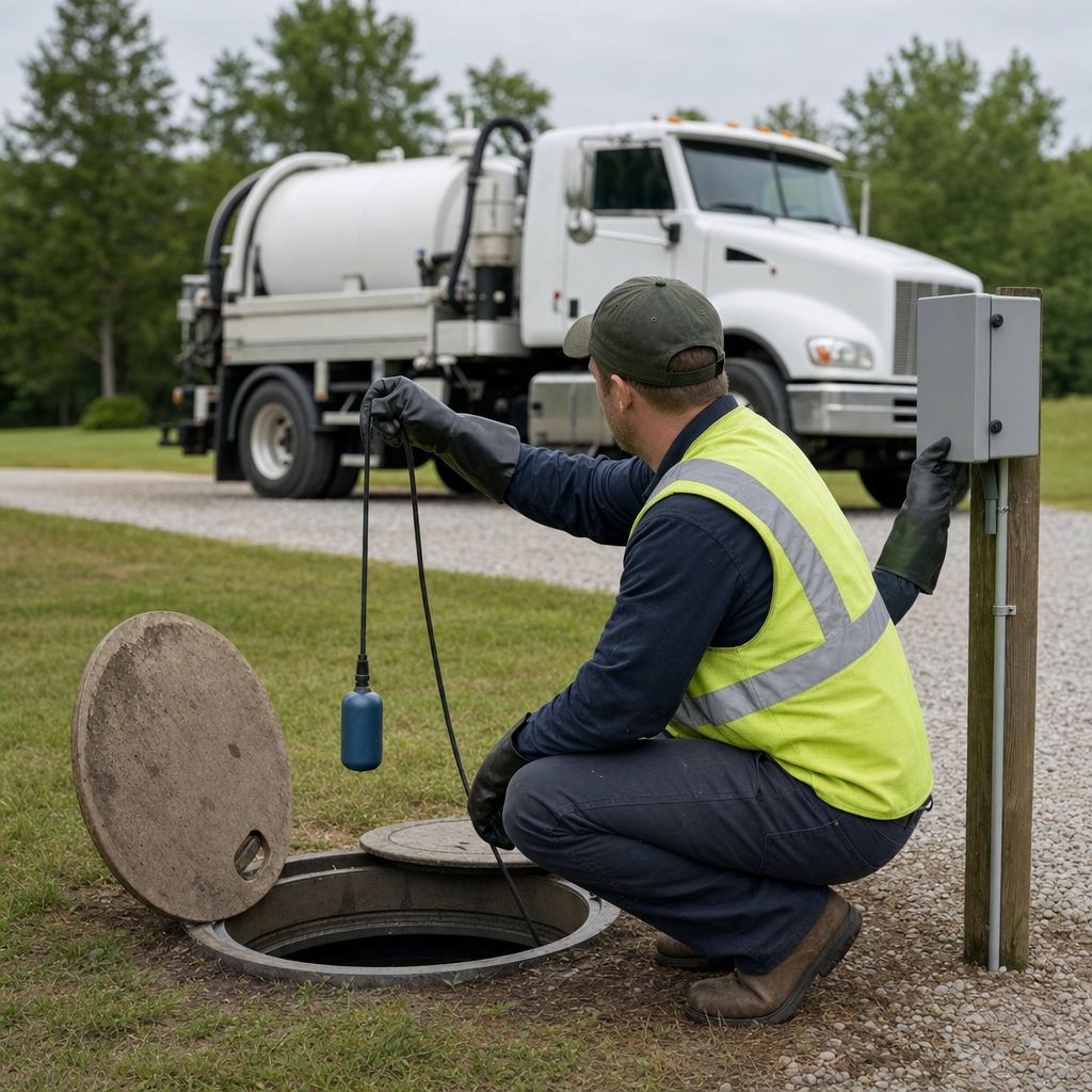 A septic technician in a high-visibility vest checking a high-level float switch and alarm panel on a holding tank at a rural Waterford-area site