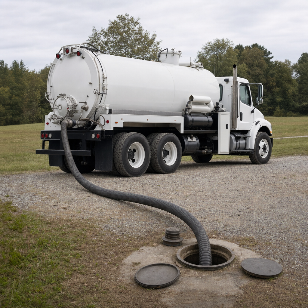 An unmarked white vacuum truck emptying a wastewater holding tank on a scheduled visit at a rural Waterford-area property, thick suction hose running to the tank lid