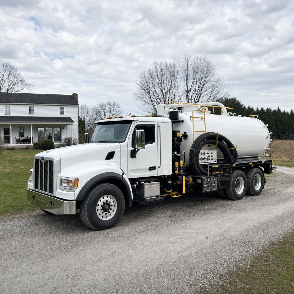 A clean white septic vacuum truck parked on a tidy Waterford driveway with the suction hose neatly coiled