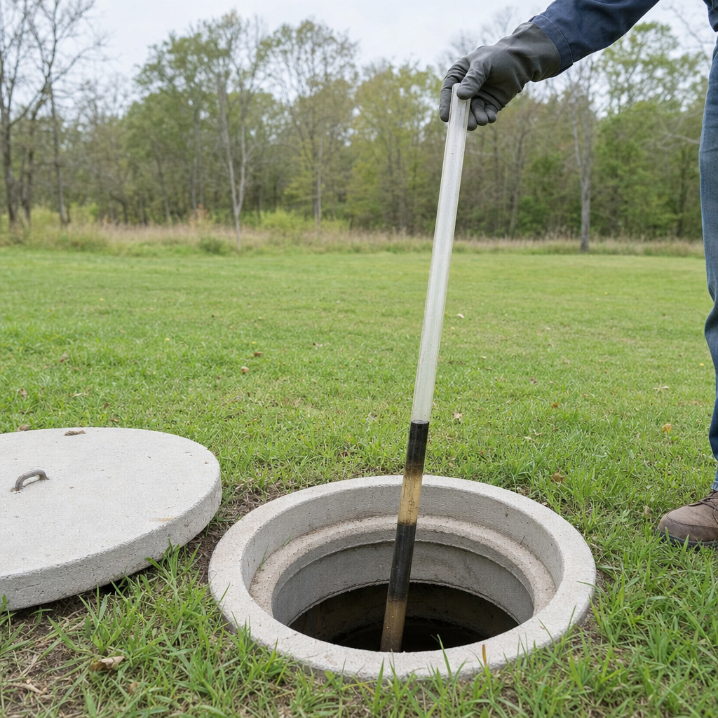 A septic sludge-judge measuring stick lowered into an open Waterford septic tank to read the depth of the sludge and scum layers before deciding whether a pump-out is due