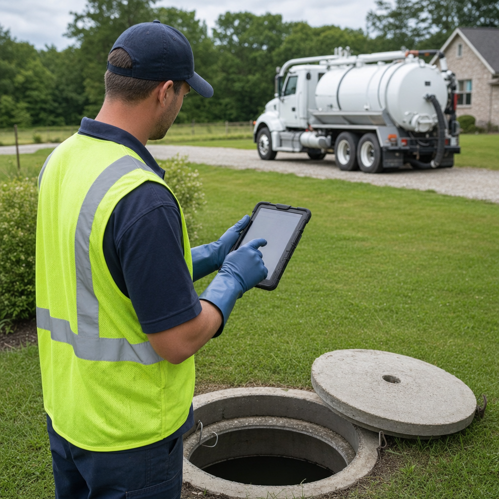 A septic technician recording a Waterford home's pump-out date and tank condition on a tablet beside an open access lid, tracking the service history that sets the next due date