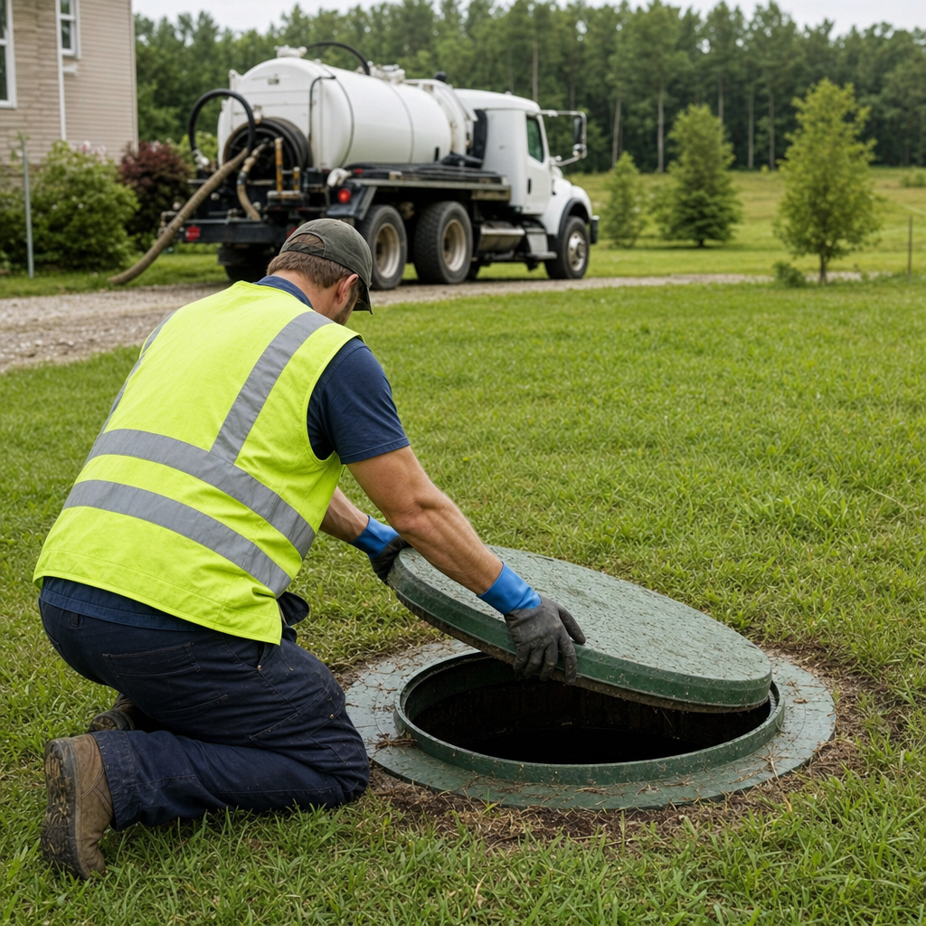 Septic technician kneeling on a Waterford lawn, lifting the access lid on a residential septic tank