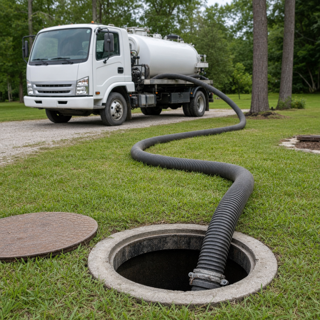 Thick ribbed suction hose lowered into a clean open septic tank port on a tidy Waterford backyard lawn