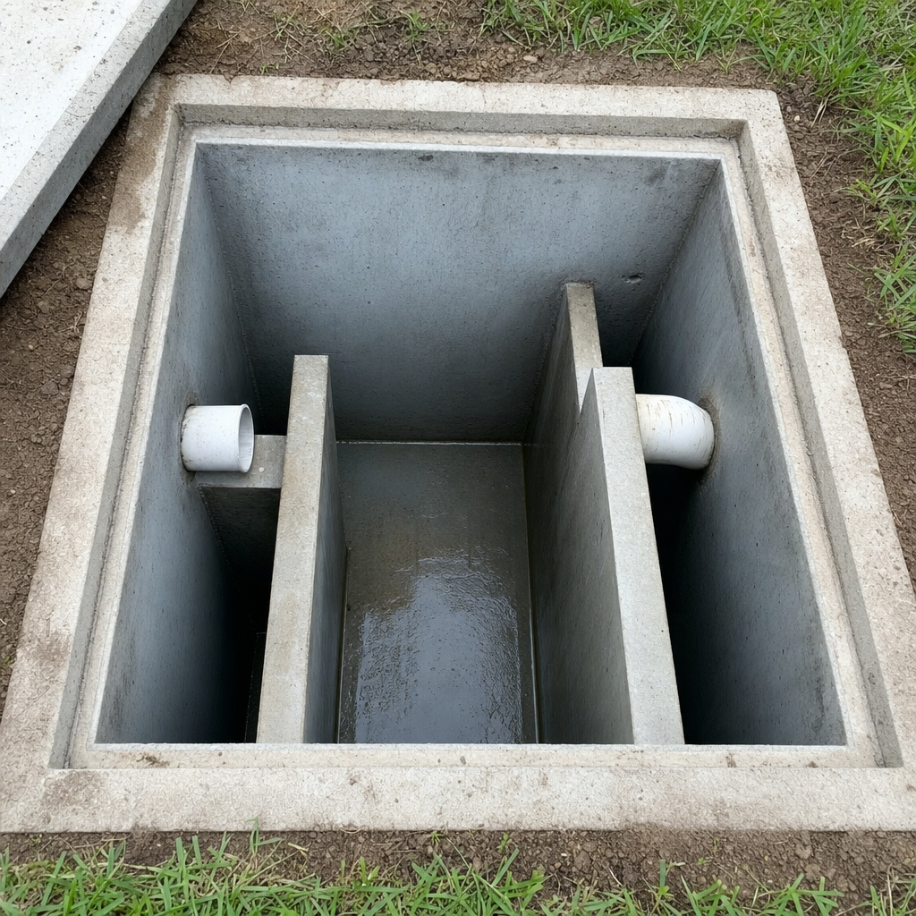 Inspection of the concrete baffles inside an open, emptied and freshly cleaned Waterford septic tank