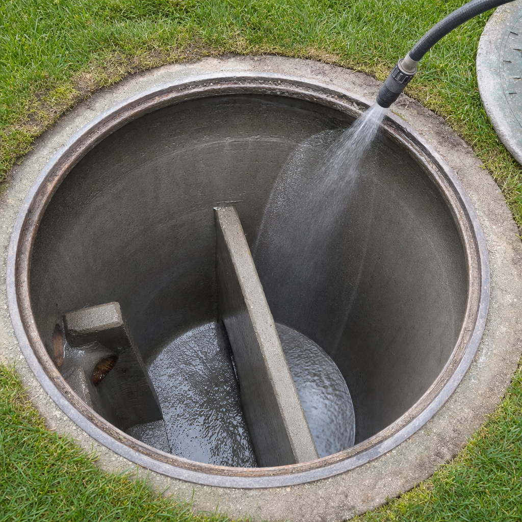 Interior concrete walls of an emptied Waterford septic tank being rinsed clean with the truck's onboard water hose