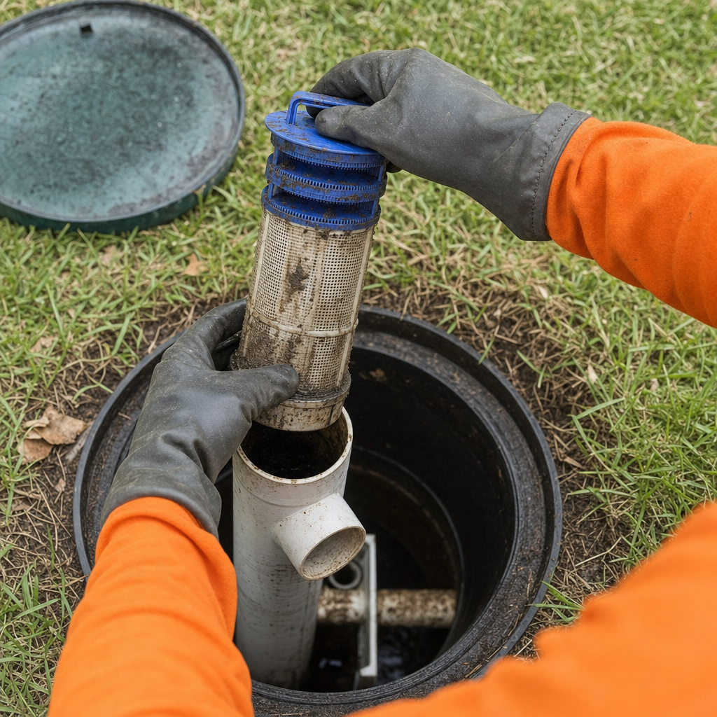 Septic technician's gloved hands lifting the effluent filter cartridge out of the outlet housing on a Waterford septic tank