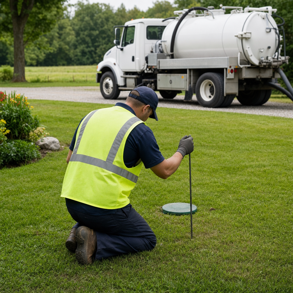 Septic technician kneeling on a Waterford lawn, probing to locate and measure the depth of a buried septic tank lid before pumping