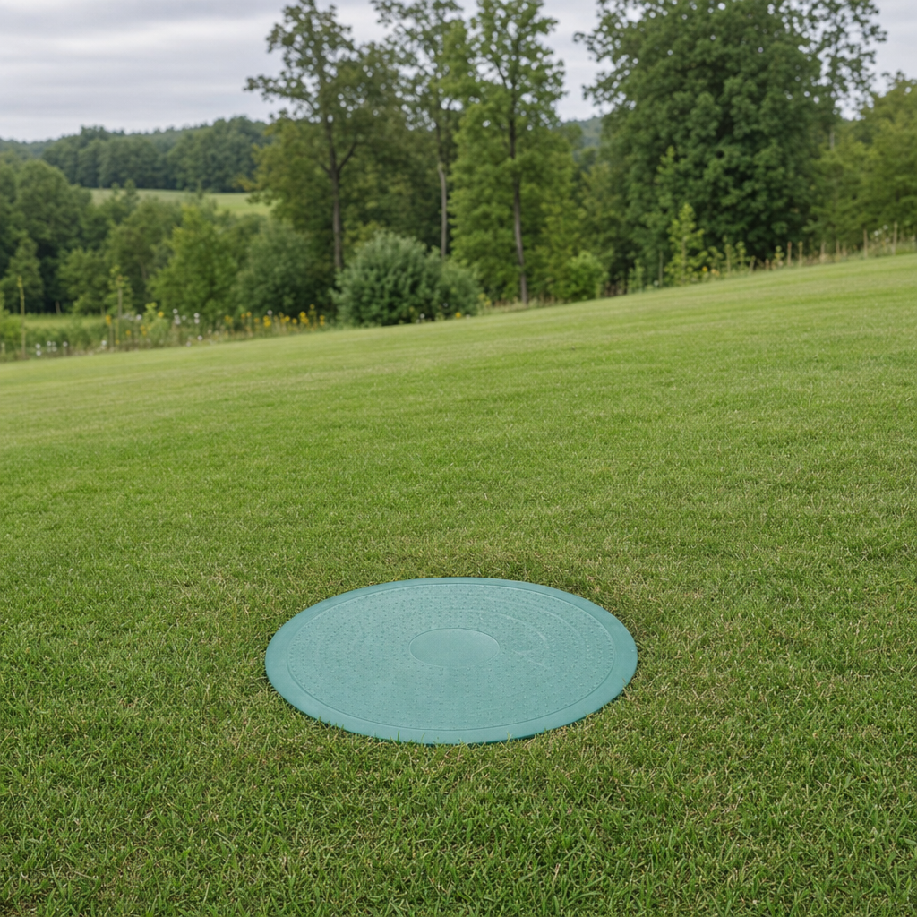 A newly installed septic riser bringing the tank lid up flush to grade in a Waterford yard for easy future access