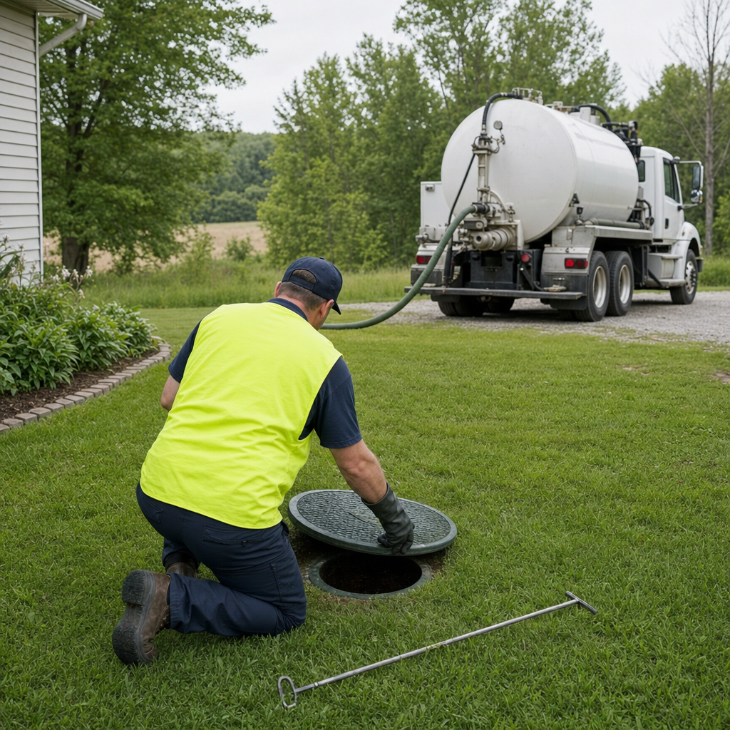 Septic technician kneeling on a Waterford lawn, lifting the buried access lid on a residential septic tank