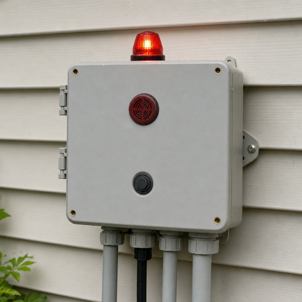 An aerobic septic system control panel mounted outside a Waterford home with its red high-water alarm light lit