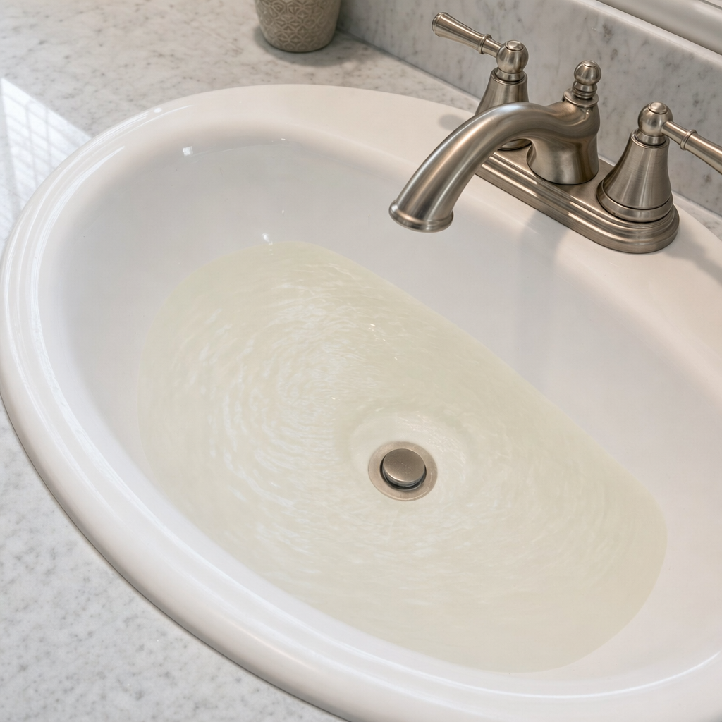 A bathroom sink draining slowly with water pooled in the basin, an early warning sign that a Waterford septic tank is full
